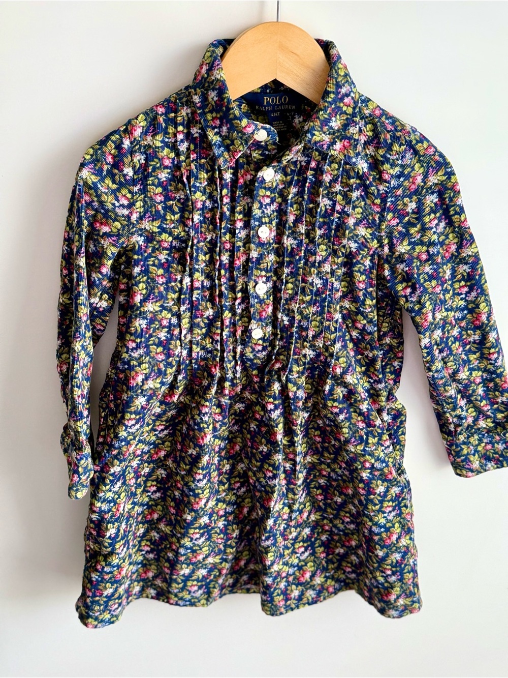 Polo by Ralph Lauren Navy Floral Pintuck Dress Top